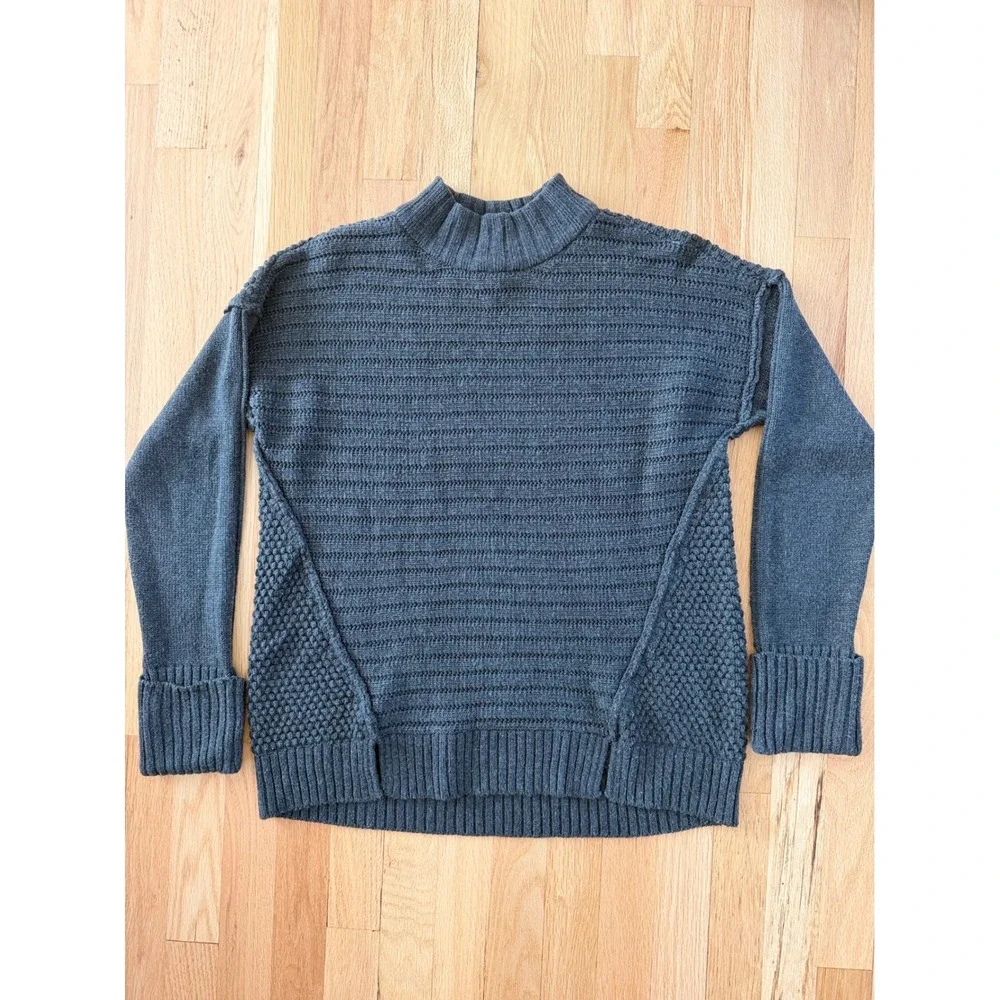 Saks Fifth Avenue Women Gray Mock Neck Wool Blend Mixed Knit Sweater Cozy Boho M